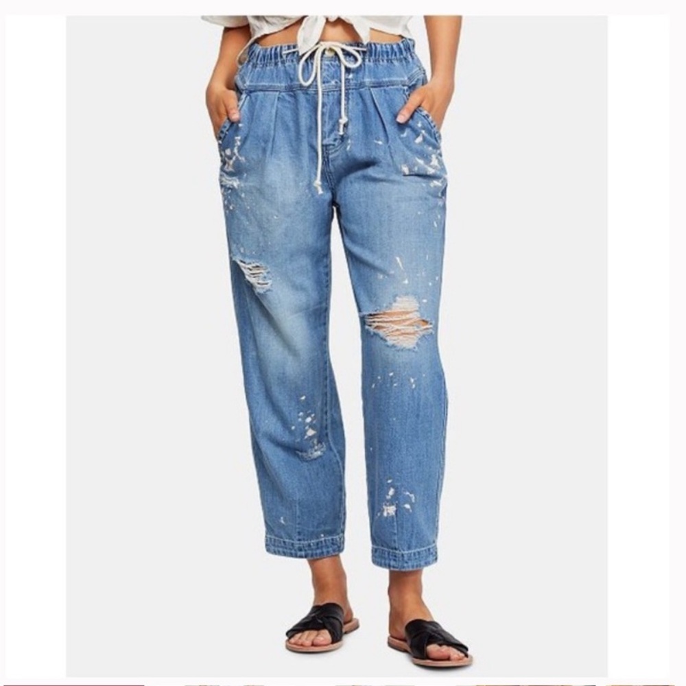 Free People Mixed Up Distressed Utility Jean Small Cropped Jogger Paint Splatter